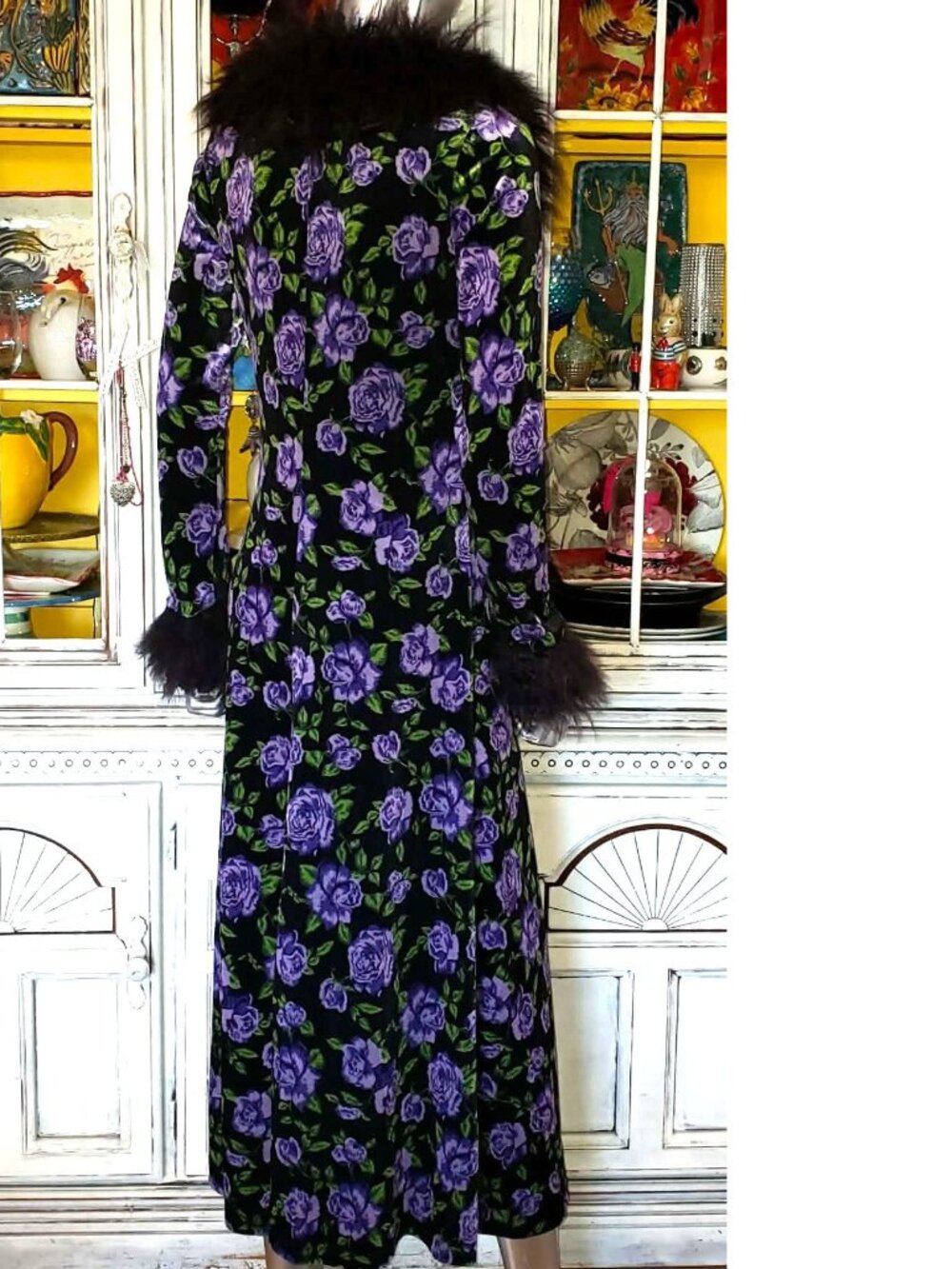 Betsey Johnson Black Velvet Floral Faux Fur Duster Opera Coat Long Dress Jacket - Picture 7 of 16